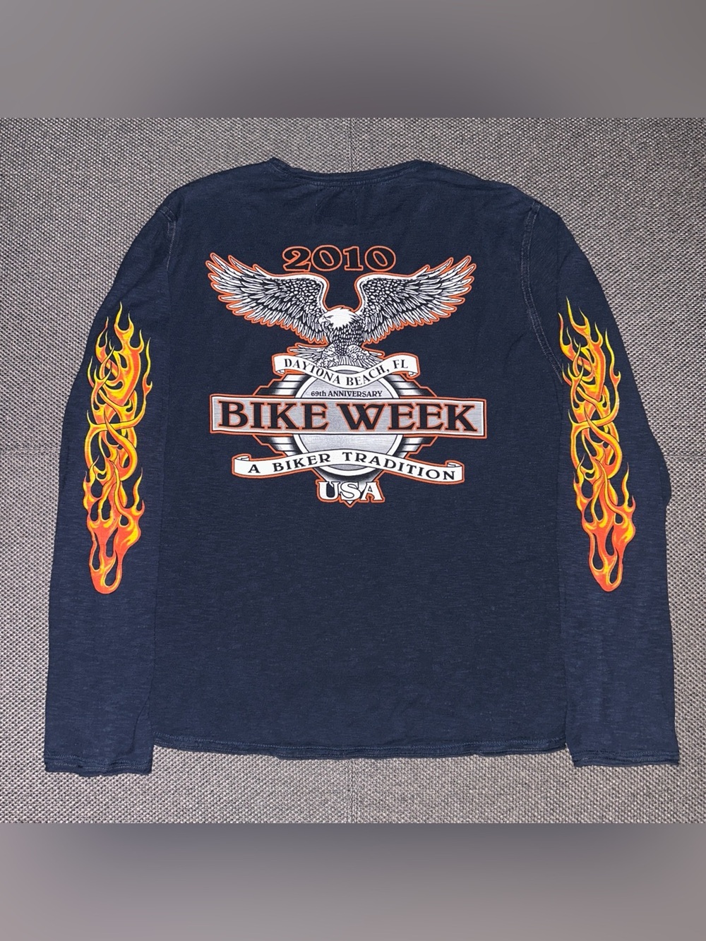 Rare 2010 Daytona Beach Bike Week Navy Long Sleeve Tee with Flame Sleeves